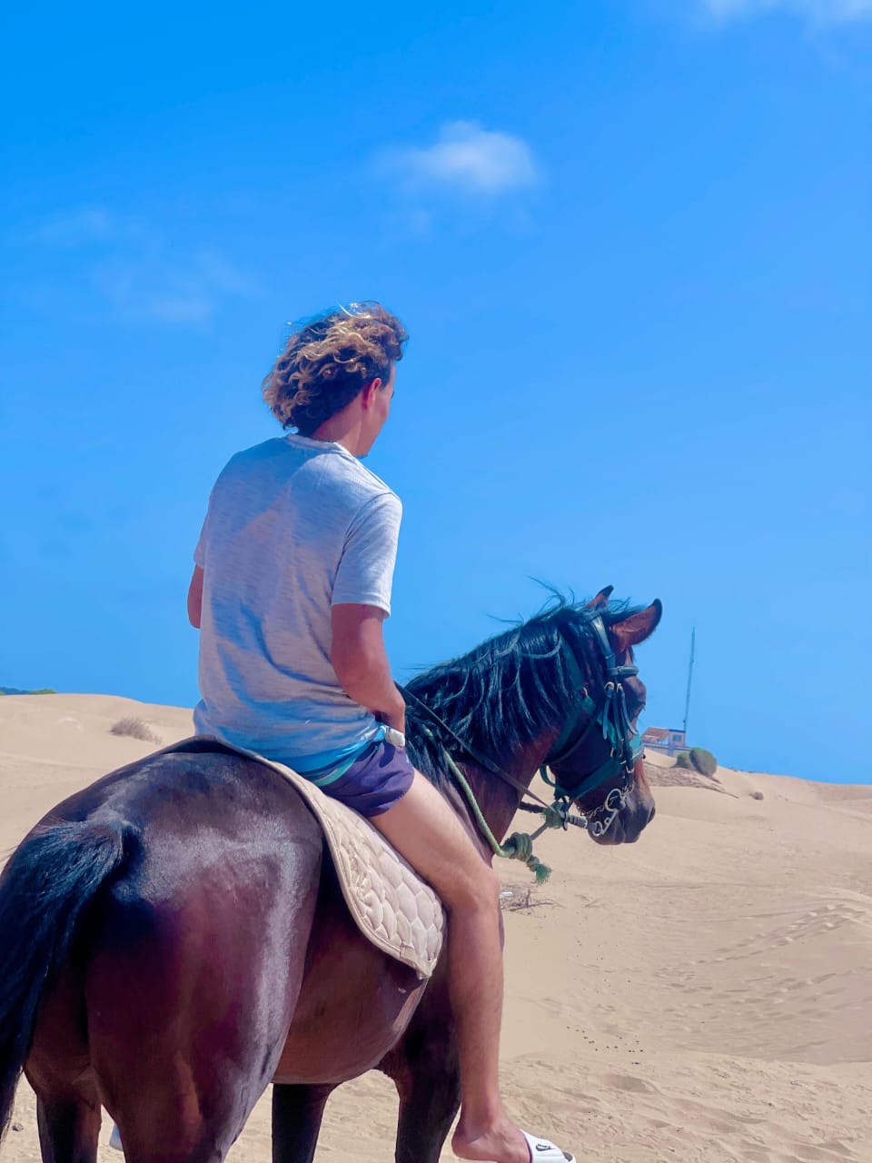 Montée d'une dune dorée sur Assif sous un ciel bleu